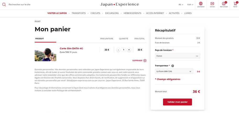 Récapitulatif d'une carte SIM via Japan Experience